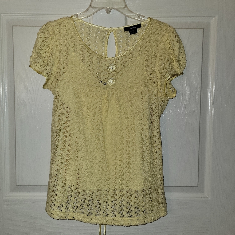 2 Pc Takara Milkmaid Indie Gardengirl Buttery Yellow Crochet Cap Sleeve Top Lg